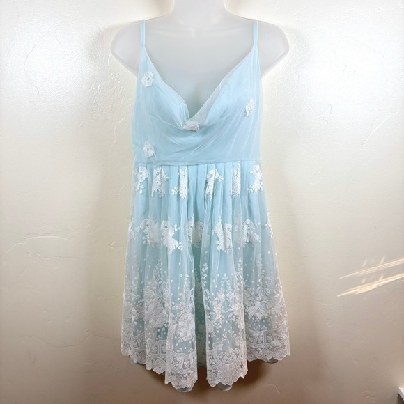 Fanny Liautard Babydoll Dress Sz M Blue Chiffon Embroidered Silk Fairy Etherial - Picture 1 of 12